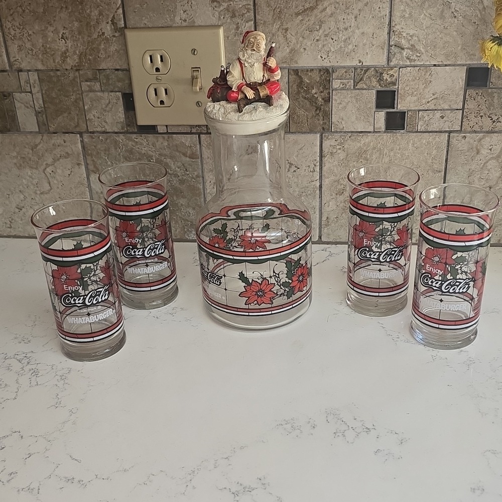 Coca Cola Whataburger Christmas Poinsettia 6 Glasses & Pitcher Carafe VINTAGE